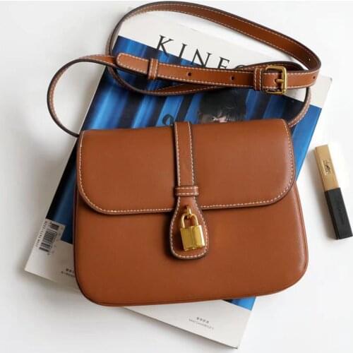 Natural Leather Bag Female 2021 New Lock Retro Three Pockets Messenger Bags Niche Single Shoulder Crossbody Flap Underarm Bag