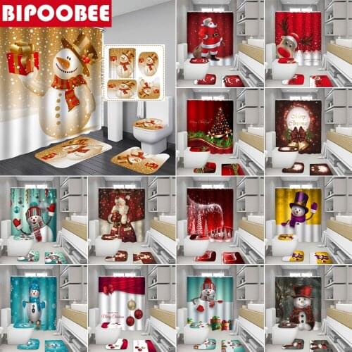 Snowman Santa Claus Christmas Tree Printed Shower Curtain Xmas Bathroom Decoration Toilet Lid Cover Bath Mat Non-slip Carpet
