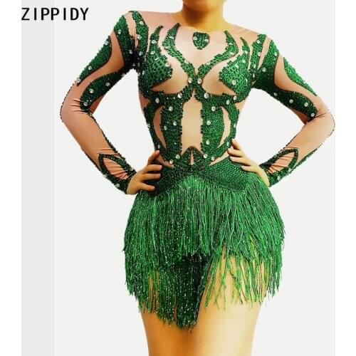 Green Rhinestone Fringe Spandex Bodysuit Birthday Celebrate Long Sleeves Outfit Bodysuit Women Dancer Singer Show Wear