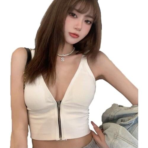 Summer New Fashion Tank Tops Women Solid Bacjless Sleeveless V Necck Low-cut Tops Female Zipper Stretch Slim Casual Tank Tops