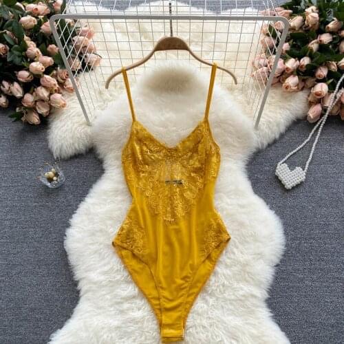 Sexy Hollow Out Floral Lace Bodysuit Women 2021 Summer Fashion Yellow Transparent Spaghetti Strap Backless Skinny Party Bodysuit
