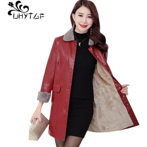 UHYTGF Winter leather jacket women quality PU leather plus velvet warm autumn leather jacket women casual 5XL Plus Size coat1182