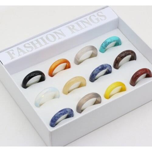 12 pcs/Box Mix Color Natural Stone Rings Exquisite Agates Rings Match Gift Box For Women Jewerly Necklace Rings Gift Wide 6mm
