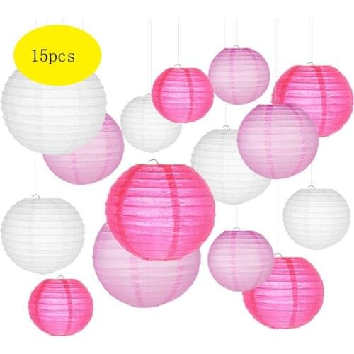 15 Pcs/set White and Pink Paper Lanterns with Assorted Sizes Chinese Paper lampion Wedding Chrismas Party Hanging Decor Favor