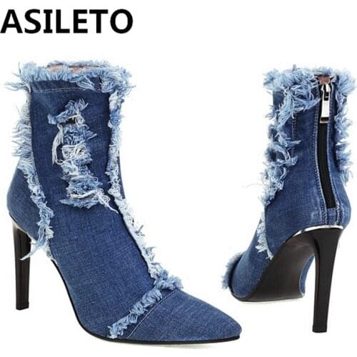 ASILETO 2021 Autumn Design Ripped Denim Ankle Boots Pointed Toe Stiletto High Heel Back Zip Fur inside Small Size 33-45 S2479