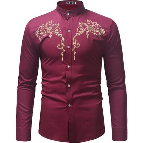 Large Size Long Sleeve Leisure Embroidered Standing Collar Shirt, Shirts for Men , Men Shirts , Men Clothing