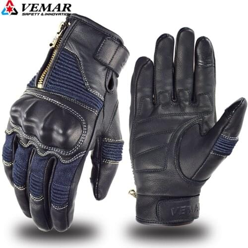 VEMAR Denim&Leather Motorcycle Gloves Retro Riding Motorbike Gloves Full Finger Motorcycle Touch Screen Gloves Locomotive Gants