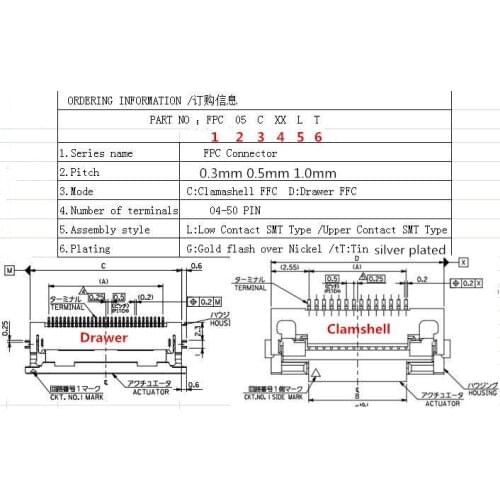 0.50mm (.020") Pitch FFC/FPC Connector, Right Angle, Drawer type SMT, ZIF, Bottom Contact Style, 30 Circuits,silver plated