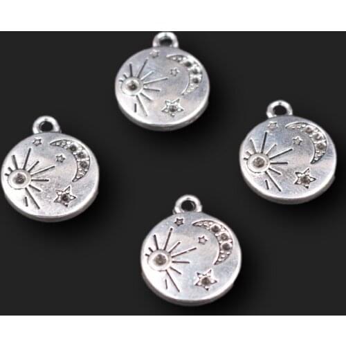 20pcs Silver Plated Round Tag Sun/ Moon/ Star Metal Pendants DIY Charms Retro Bracelet Keychain Jewelry Crafts Making P617