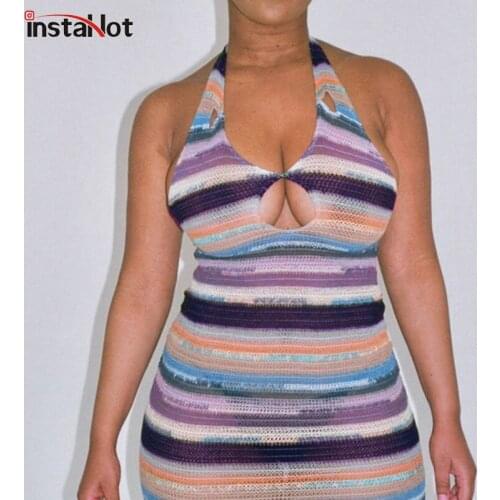 InstaHot Striped Halter Sexy Dress Bodycon Backless Fitted Party Club Mid Calf Hollow Out Summer 2021 Casual Vintage Dresses