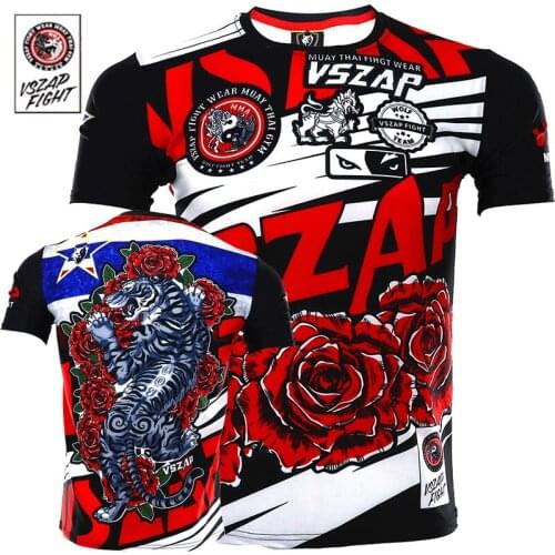 VSZAP MMA Tiger Print Rash Guard BJJ Rashguard MMA Gi Boxing Jersey Thai Shirt Jiu Jitsu Men Breathable Grappling Tshirt & Tank