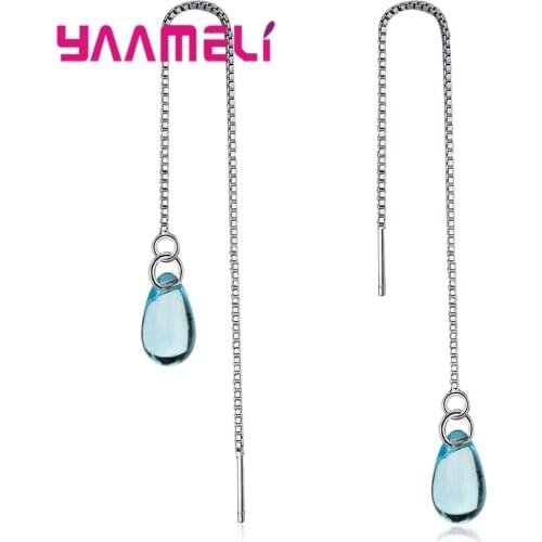 Fashion Cute Romantic Transparent Blue Crystal Girls Drop Earrings Line For Women Vintage Statement Earrings