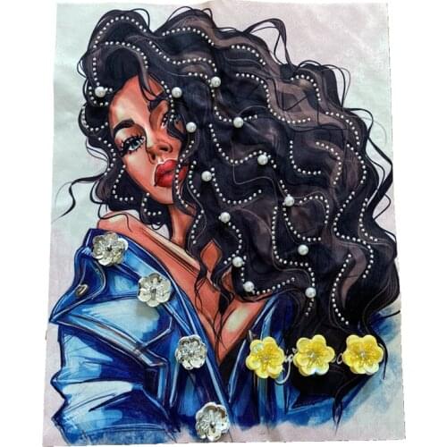 2020 New 3D Printed African Women Heat Transfer Printing Patches for Clothes Jacket Handmade Flower Beaded Black Lady Appliques