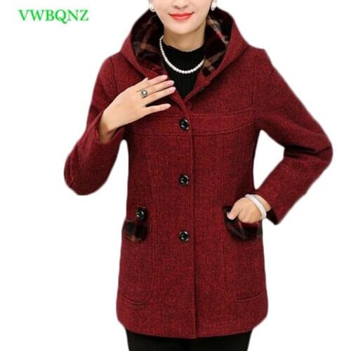 New Autumn And Winter Woolen coat Women Plus velvet Hooded Woolen Jacket Middle-aged women Plus size Red wine Outerwear 5XL A738