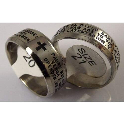 Wholesale 18 pcs Black Spanish Bible Lords Prayer Cross Carving High quality Stainless Steel Rings Fashion Jewelry
