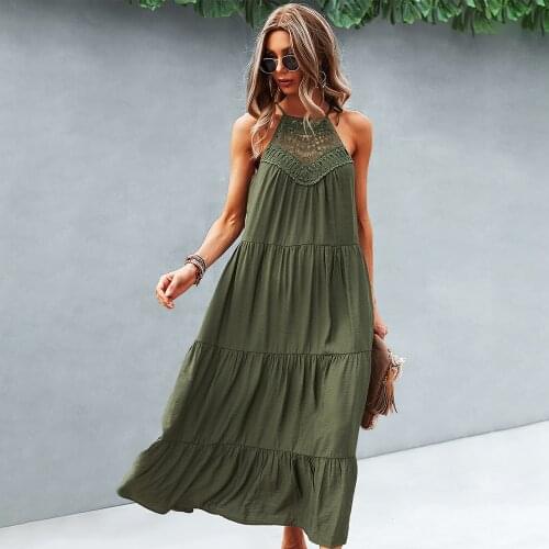 Summer Dress Women Sexy Off Shoulder Hollow Out Halterneck Long Dresses Stitching Large Swing Dress For Woman Vestido Femme Robe