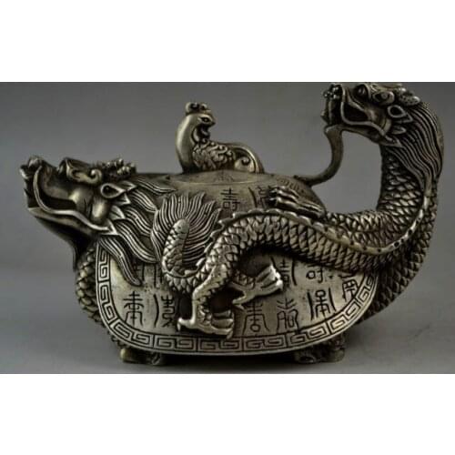 Old Miao Silver Carved Auspicious Fairy Turtle Shell & Vivid Dragon Tea Pot