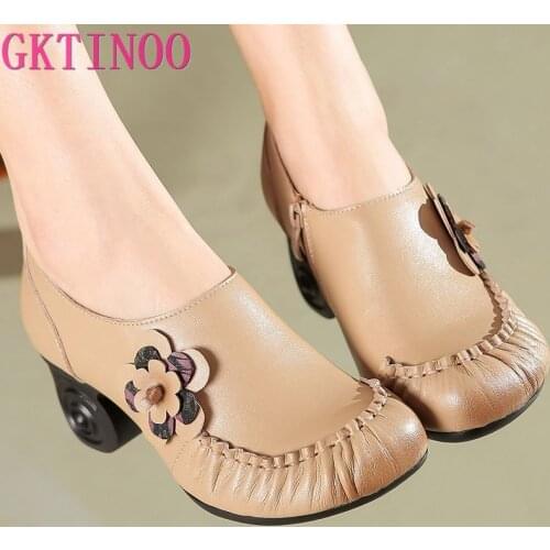 GKTINOO Flower Genuine Leather Women Pumps High Heels Shoes For Women Female Soft Autumn Handmade Office Shoes