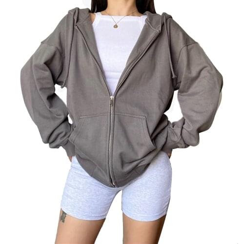 Womens Casual Hoodie Coat Solid Color Long Sleeve Hooded Sweatshirt with Pockets Loose Zip Up Ladies Autumn Hoodie Jacket