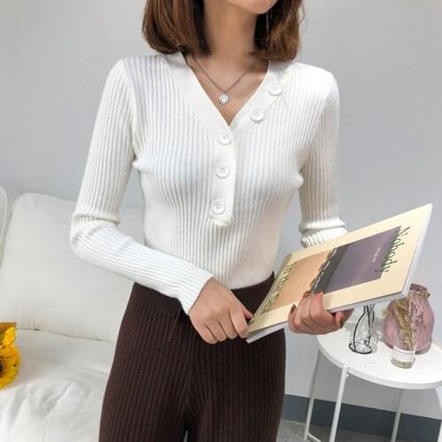 Knitted Sweater Women Autumn Winter V-Neck Pullover Tops Female Long Sleeve Single Breaste Knitwear