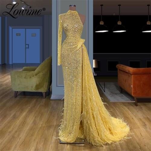Heavy Beading Feather Elegant Evening Dresses Yellow Arabic Pageant Dress Long High Split Side Prom Dresses 2020 Robe De Soiree