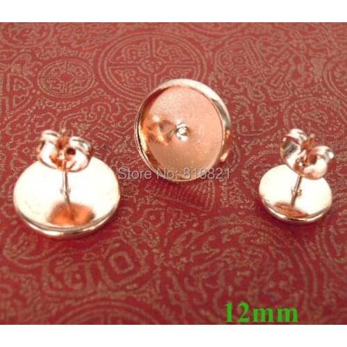 12mm New Rose Gold tone Plated Round Bezel tray Cabochon stud Earrings Post w/ Stoppers Earnut Backing Bases Findings Wholesale