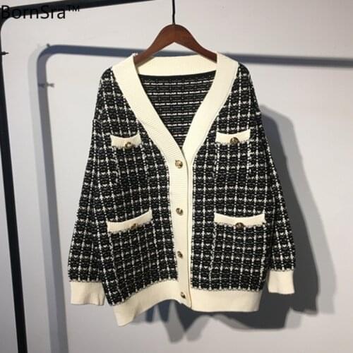 Bornsra 2021 New Autumn Winter Vintage Women Sweater Cardigan Korean Loose Plaid Jumpers Oversized Knitted Pull Jacket Coat