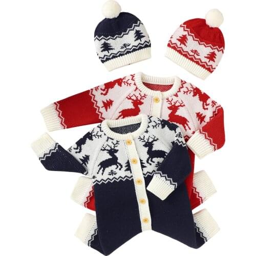 Infant Baby’s Girls Boys Casual Long Sleeve Jumpsuit with Hat Cute Fawn Knitted Single-breasted Romper Long Pants