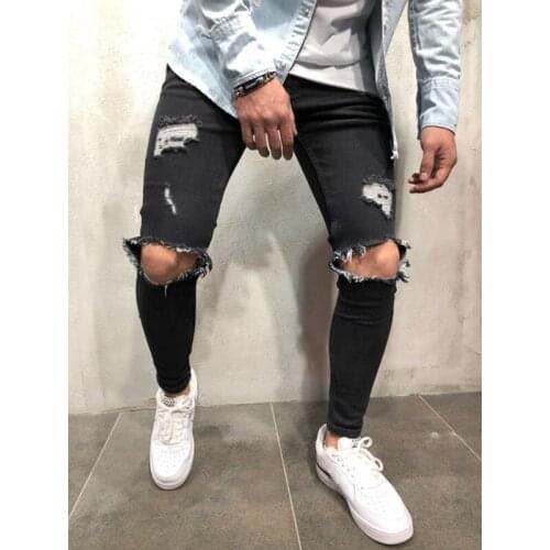Fashion Streetwear Mens Jeans Vintage Blue Gray Color Skinny Destroyed Ripped Jeans Broken Casual Pants Homme Hip Hop Jeans Men