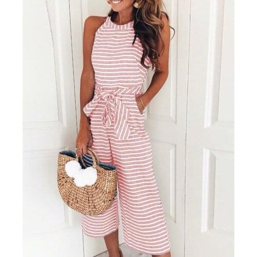 Elegant Sexy Jumpsuits Women Sleeveless Striped Jumpsuit Loose Trousers Wide Leg Pants Rompers Holiday Belted Leotard Overalls