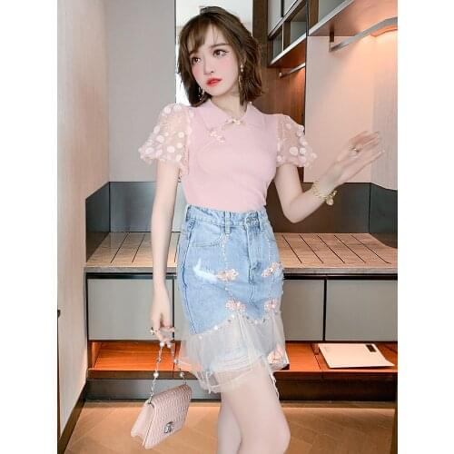 Chinese style restoring ancient ways gauze sleeve lapel XieJin nail bead button knitted T-shirt new female summer