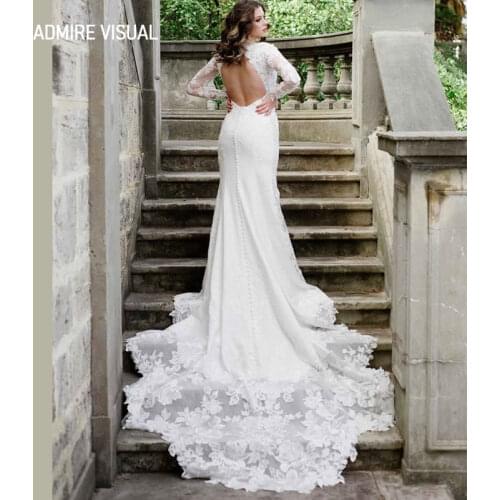 Newest Wedding Dress Mermaid Lace Deep V-neck Neckline Open-Back Full Sleeves Plus Size Bride Gown 2021 Vestidos De Novia