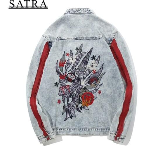 SATRA 2021 New Arrival Embroidery Loose Jeans Jacket Streetwear Men, Mens Trend Casual Punk Denim Stand Collar Jacket coat