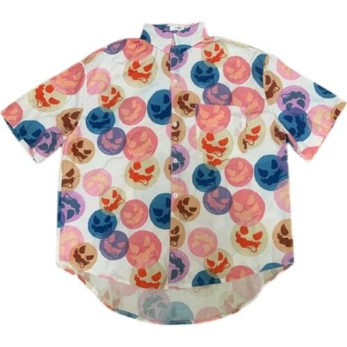Summer Japanese Vintage Short-Sleeved Womens Shirt INS Tide Brand Harajuku Smiling Face Full Of Contrast Color Loose Mens Top