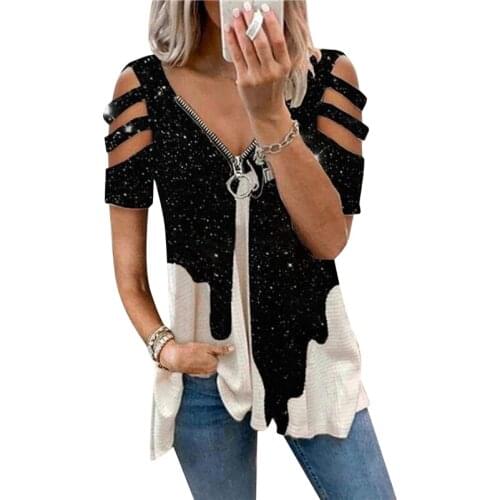 Summer Female T-Shirt V-Neck Casual Print Pullover Summer Loose All-Match Ladies New Zipper Pullover Hollow Sleeves T-Shirt