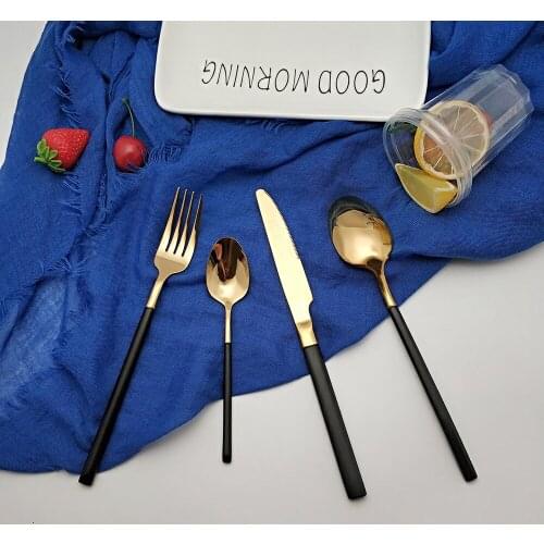 Best Hot Sale 4 piece black and gold Dinnerware Set 304 Stainless Steel Western Cutlery Kitchen Food Tableware Dinner Set