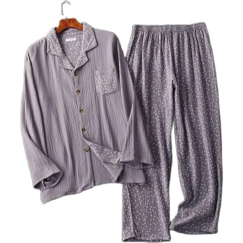 Autumn Mens Crepe Gauze Pajamas Suit Long-sleeved Trousers Home Clothes Plus Size Men Sleepwear Long Shirt Nightwear 2 Piece Set