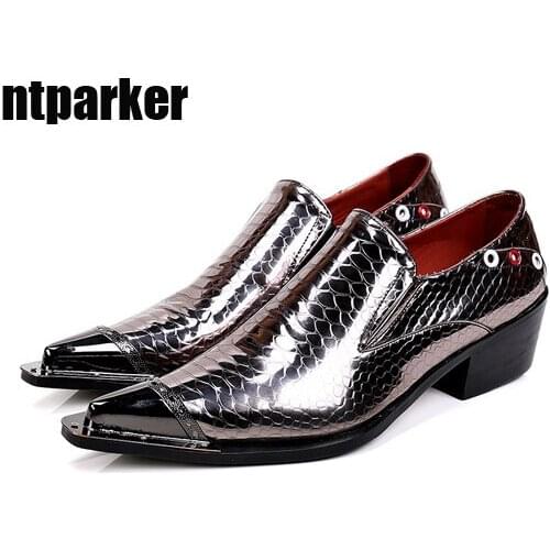 New Desinger Mens Shoes Luxury Handmade Genuine Leather Dress Shoes Men Pointed Metal Tip Patent Leather Business/Party Shoes
