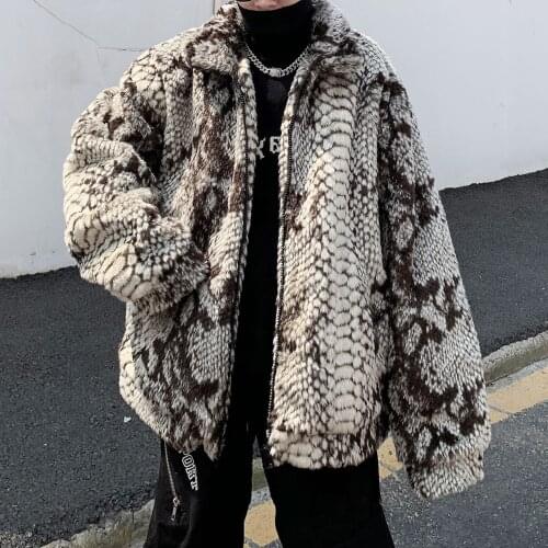 Winter new mens plus velvet snake pattern imitation fur woolen coat thick warm coat loose animal pattern cotton coat men