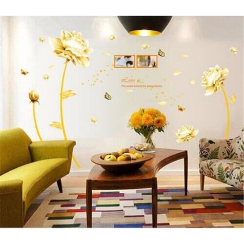 Golden Riches Honour Flowers Chinese Style DIY Wall Stickers Living Room TV Sofa Background Mural Decal