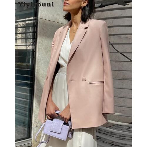 Yiyiyouni Autumn Winter Office Lady Leather Jackets Women Turn-down Collar Tailored Coat Female Casual Basic Pink Outerwear 2021