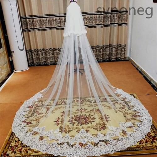 Real Photos High Quality 2 Tiers Blusher Cover Face Cathedral Shining Sequined Lace Wedding Veil with Comb New Bridal Veil