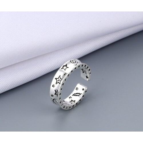 Happy Smiling Face Open Rings for Women Punk Ancient Silver Color Vintage Adjustable Stars Leaves Ring Fashion Jewelry Best Gift