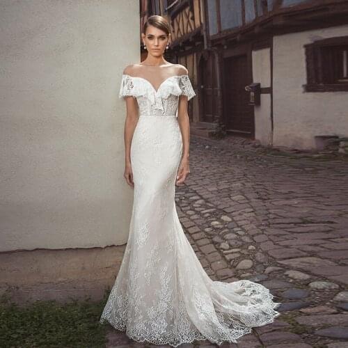 Chic Scoop Lace Mermaid Wedding Dresses Sheer Neck Backless Bridal Gown Vestido de Novia 2020