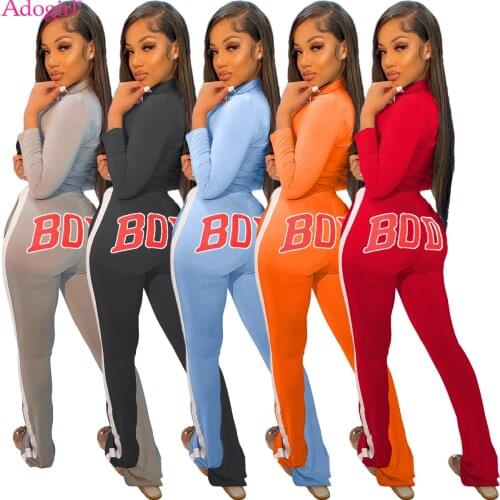 Adogirl Letter Print Zip GYM Two Piece Set Turn Down Collar Long Sleeve Crop Top Pencil Pants Tracksuit Autumn Workout Fitness