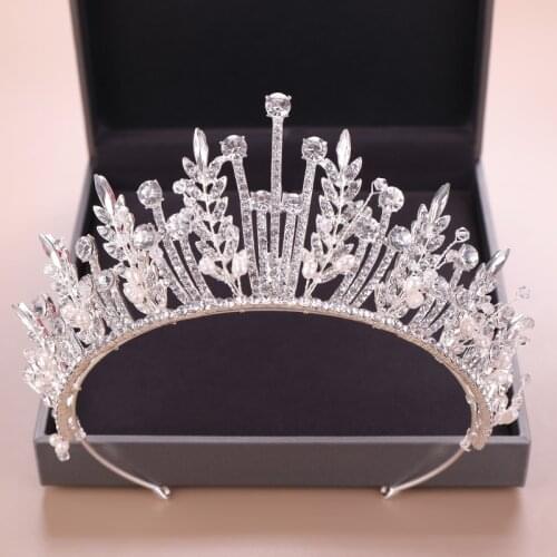 Trendy Baroque Silver color Rhinestone Crystal Crown Leaf Wedding Headdress Tiara Bridal Hair Accessories Jewelry Accessories