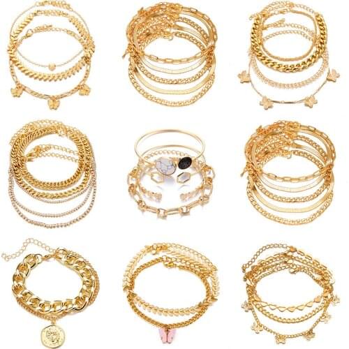 Yayi jewelry Punk Gold Color Charm Chain For Women Pearl Coin Butterfly Alloy Bangle Bracelets Fashion Bohemian Jewelry Set Gift
