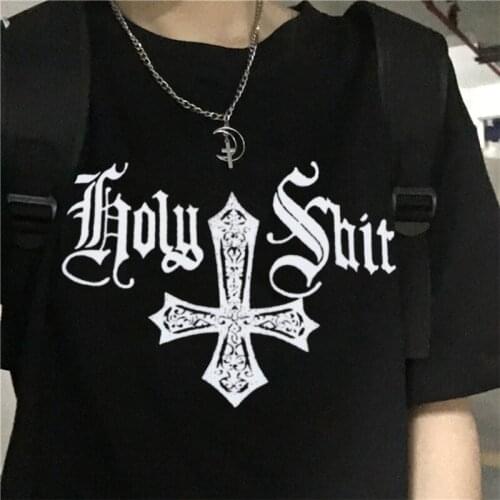 Mall Goth Womens T-Shirt Aesthetic Cross Print Black Rib Summer Clothes 2021 Cyber Y2k Emo T-Shirt Gothic Dark Streetwear Top