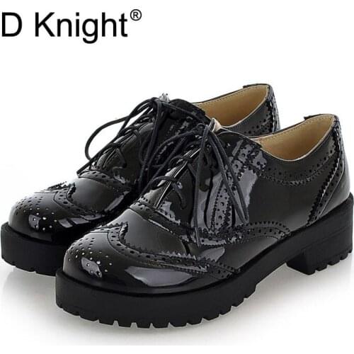 Patent Leather Women Oxfords Fashion Carved Brogue Shoes Woman Lace Up Oxford Shoes For Women Plus Size 34-43 Ladies Oxfords