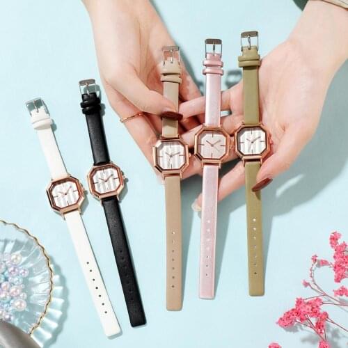 Women Simple Quartz Watch Octagon Dial Faux Leather Band Bracelet Wristwatch